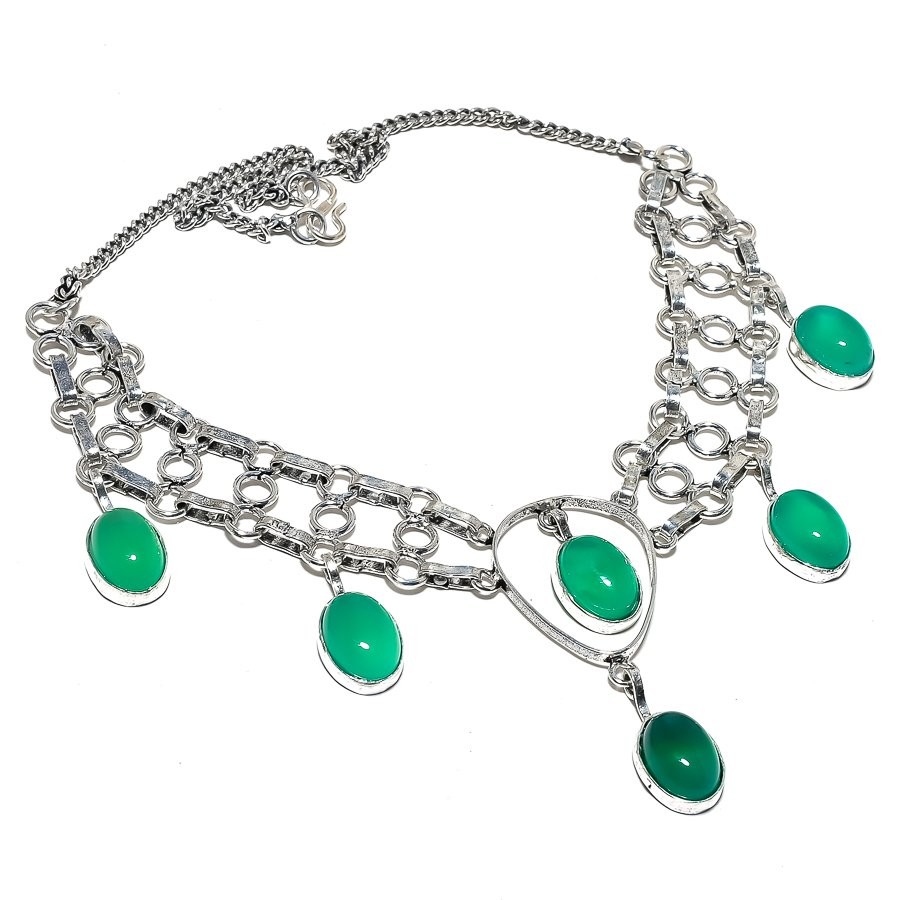Natural Green Onyx Gemstone 925 Sterling Silver Necklace o301