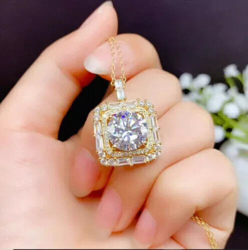2.00 Ct Round Moissanite Halo Pendant 14K Yellow Gold Plated 925 Silver 18′