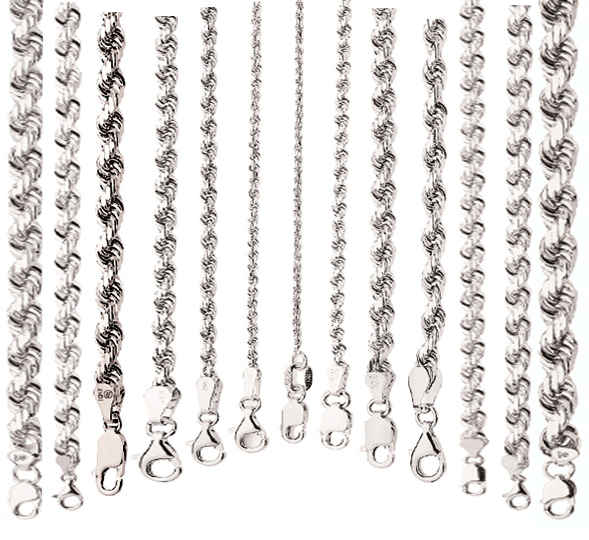 10k White Gold 1mm-12mm Solid D/Cut Rope Chain Necklace Bracelet Size 7″-30″