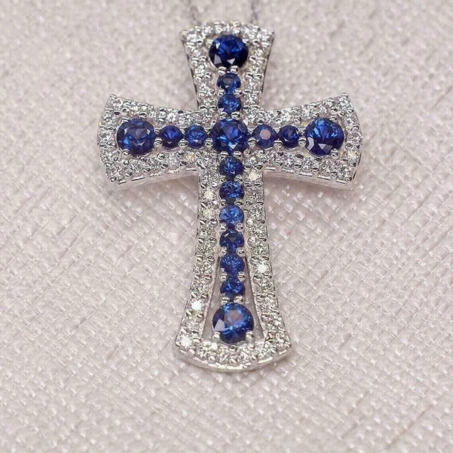 3Ct Round Cut Lab-Created Blue Tanzanite Cross Pendant 14K White Gold Plated