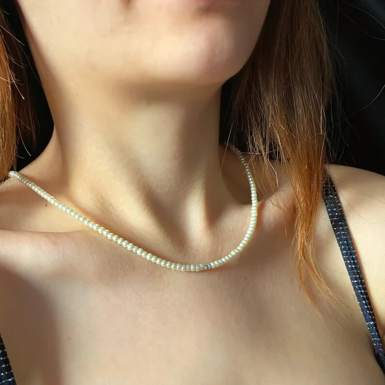 Dainty Pearl Necklace , Tiny Pearl Beads, Minimalist Pearl Gift for Him/Her