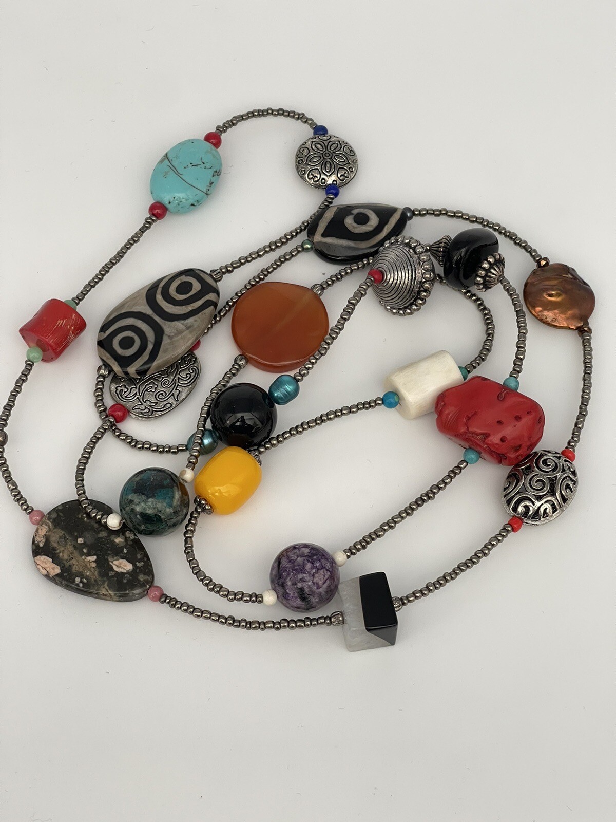 Multi Color Earth Stone Metal Glass Long Necklace 48” Bohemian
