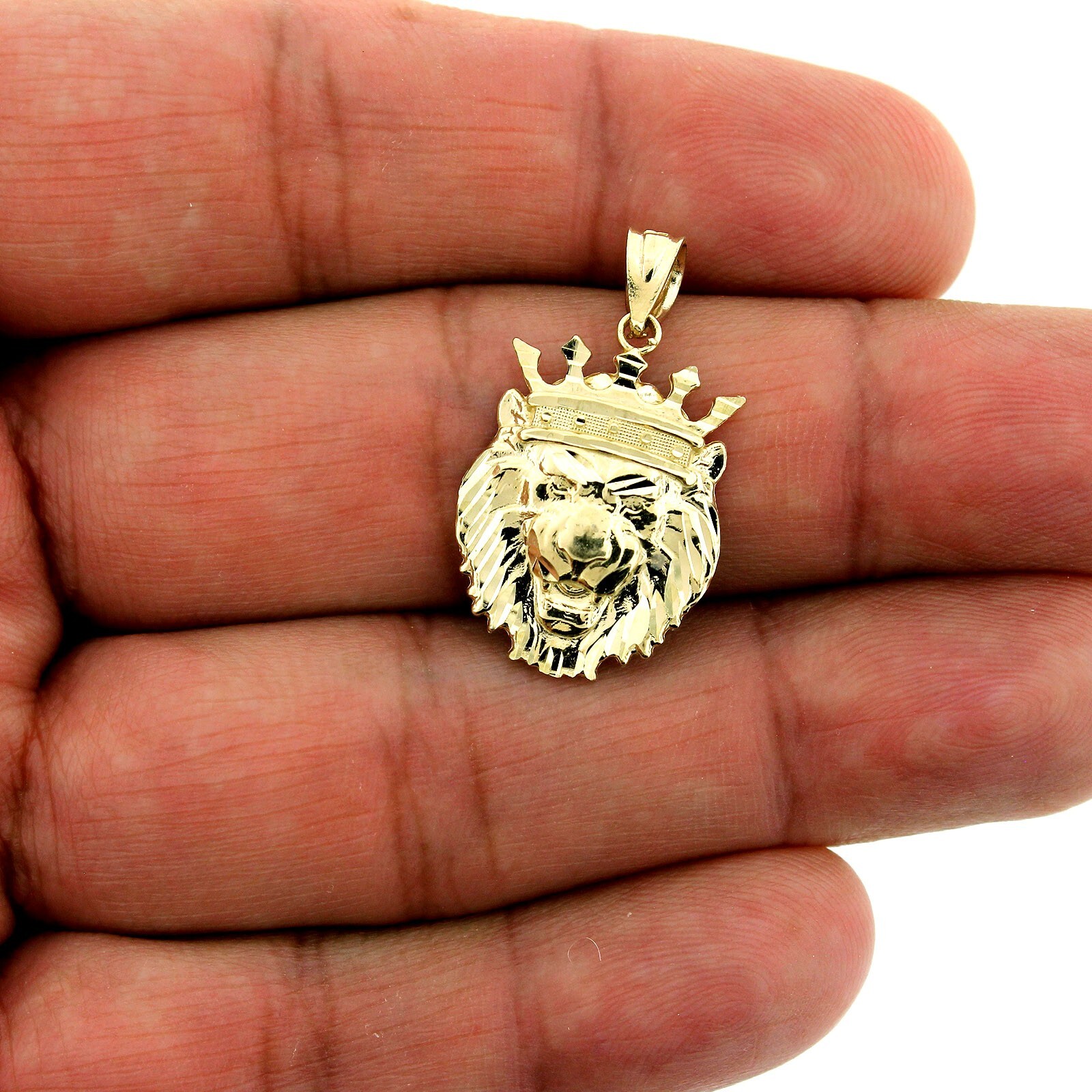 10K Yellow Gold Men’s Diamond Cut King Crown Lion Head Pendant, 10KT Real Gold