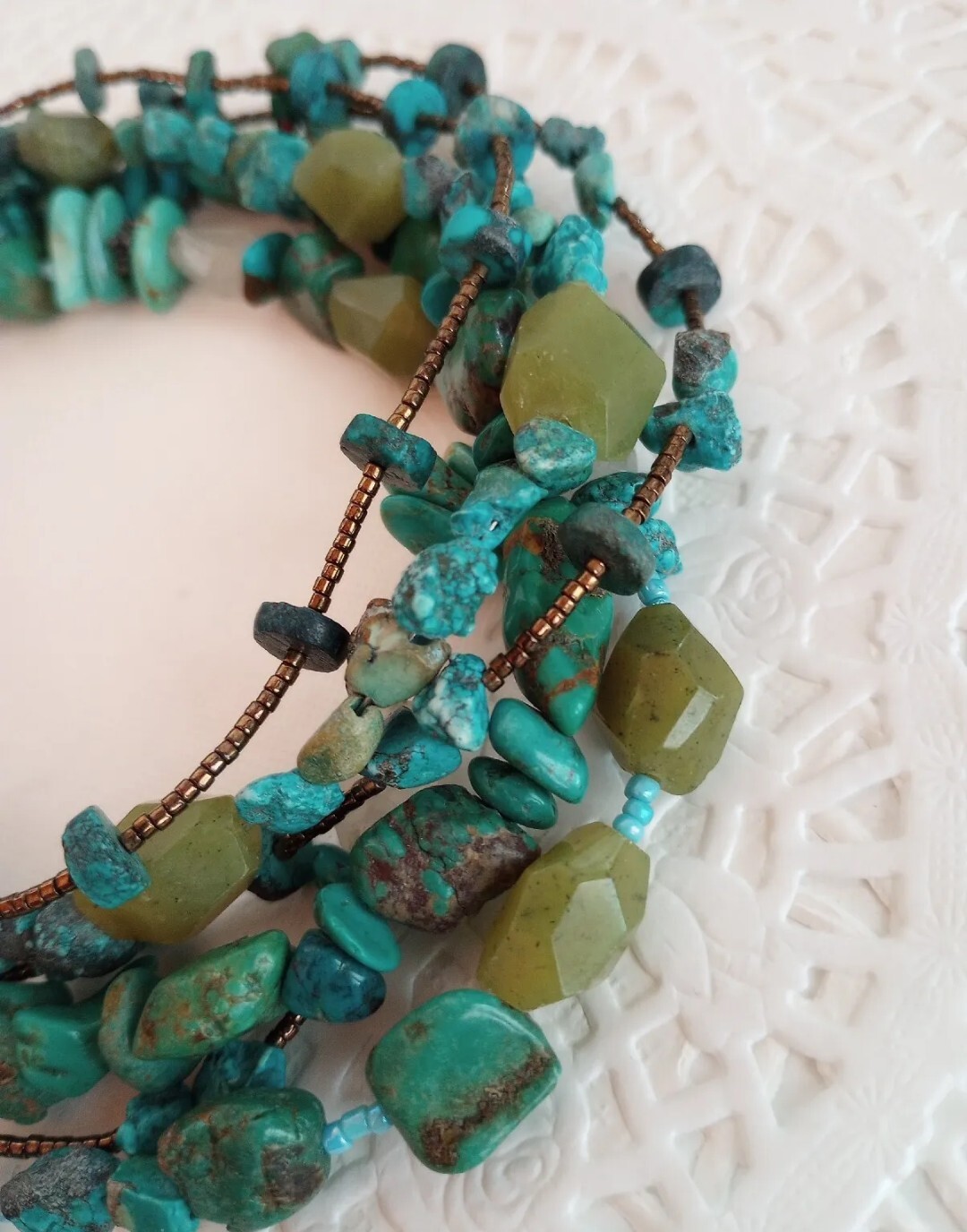 Vintage ? Native American ?Stone Bead Choker 6Row Necklace Turquoise Nuggets 925