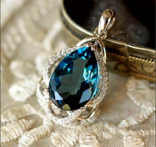 3Ct Pear Cut London Blue Topaz TearDrop Pendant 14K White Gold Finish Free Chain