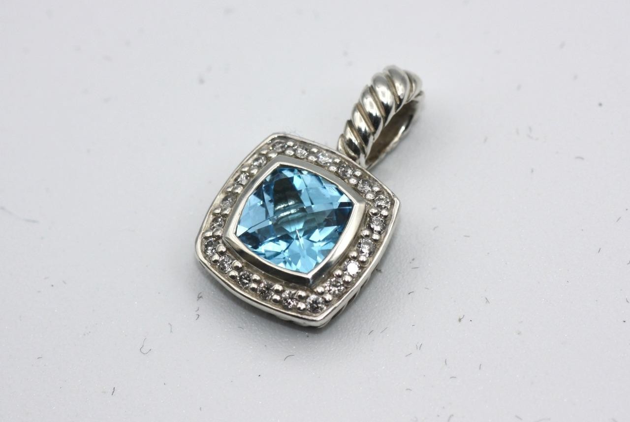 David Yurman Blue Topaz Diamonds Albion Pendant in Sterling Silver 925
