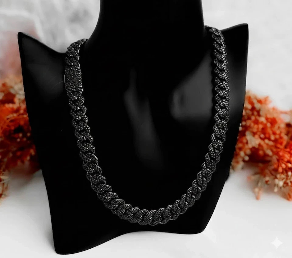 10 mm Lab Created Black Diamond Men’s Cuban Necklace 14k Black Gold Plated