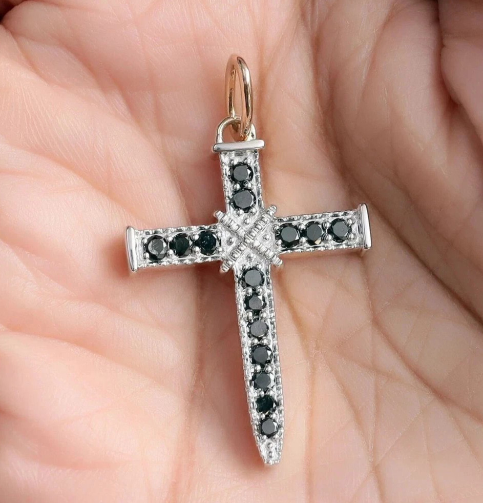 1.00Ct Created Black Onyx Women’s Cross Pendant 14K White Gold Plated Free Chain
