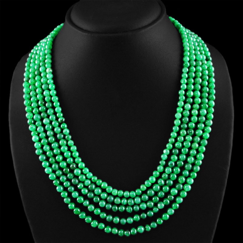 541.40 CTS EARTH MINED 5 LINE ROUND RICH GREEN EMERALD BEADS NECKLACE – (DG)