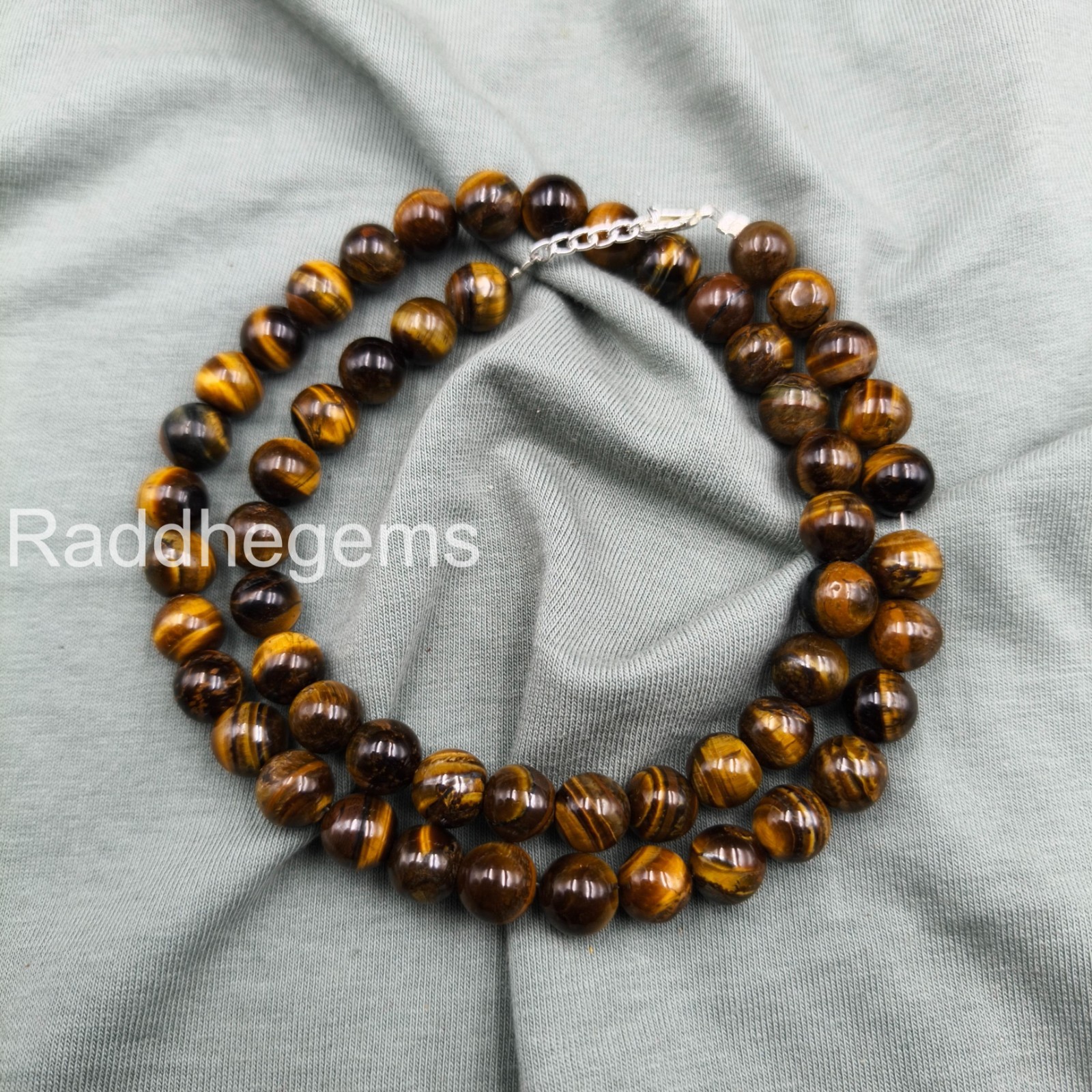 Tigers Eye Necklace 8mm Round Beaded Jewelry Sterling Silver Clasp Unisex Gemsto