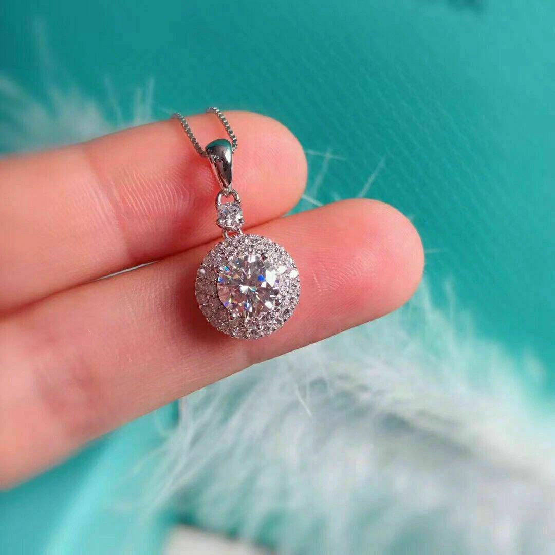 1.50Ct Round Cut Diamond Halo Pendant 14K White Gold Finish 18″ Free Chain