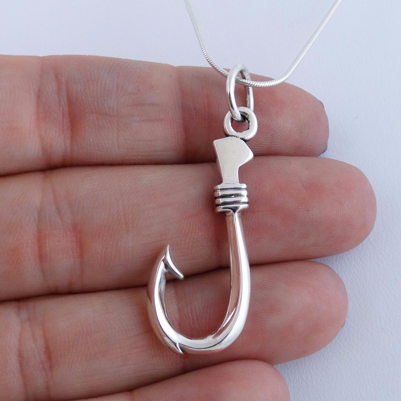 Hawaiian Fish Hook Necklace – 925 Sterling Silver – Fishing Fishermen Pendant SN