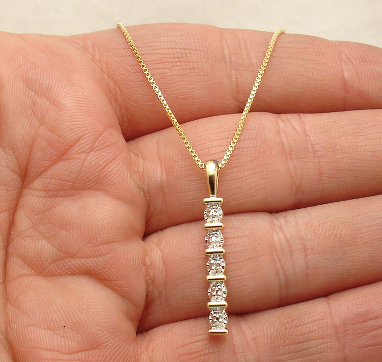 Diamond Bar Journey Pendant Box Chain Necklace 14K Yellow Gold Plated Silver