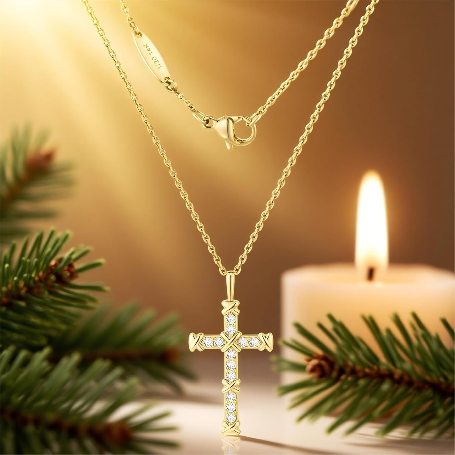 14K Gold Cross Necklace for Women,Gold Filled Sterling Silver Cross Necklace CZ