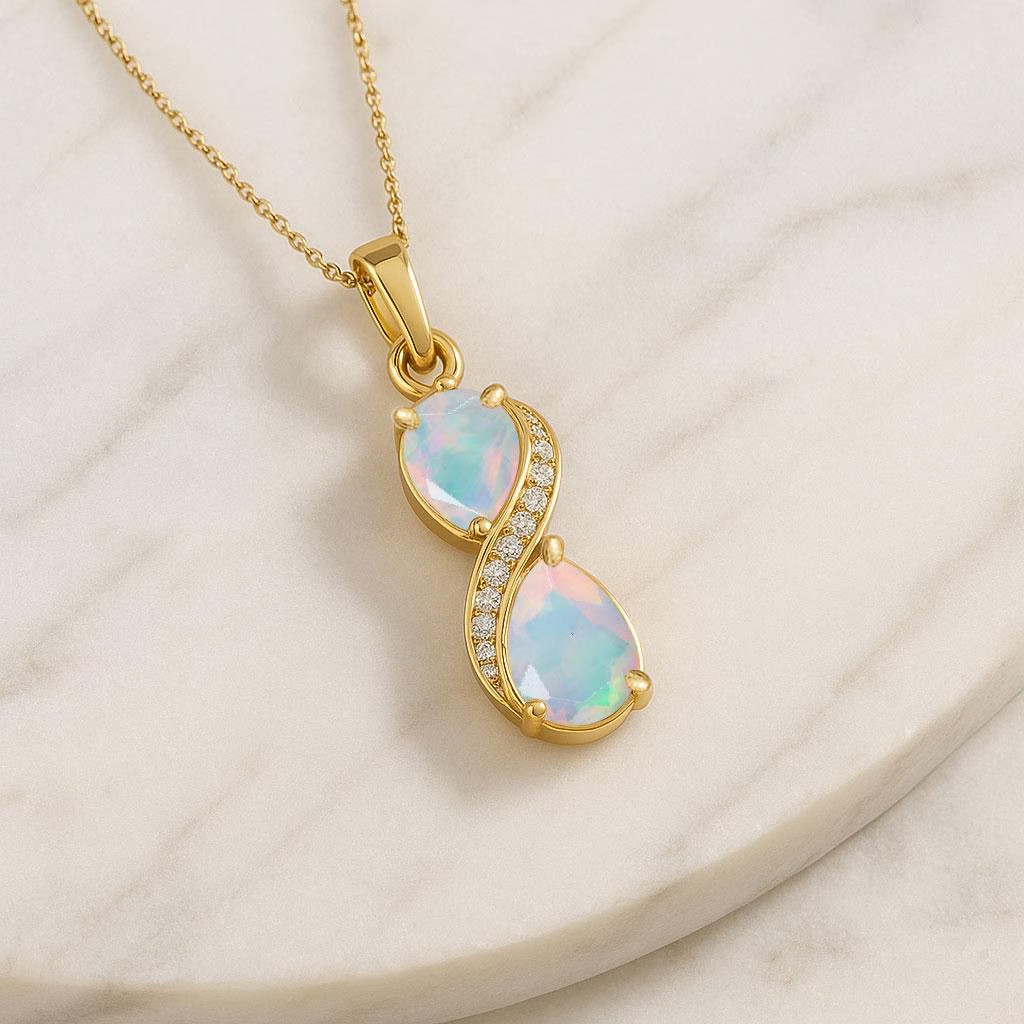Multifire White Opal Gemstone Charm Gold Pendant, Ethiopian Opal Chain Pendant