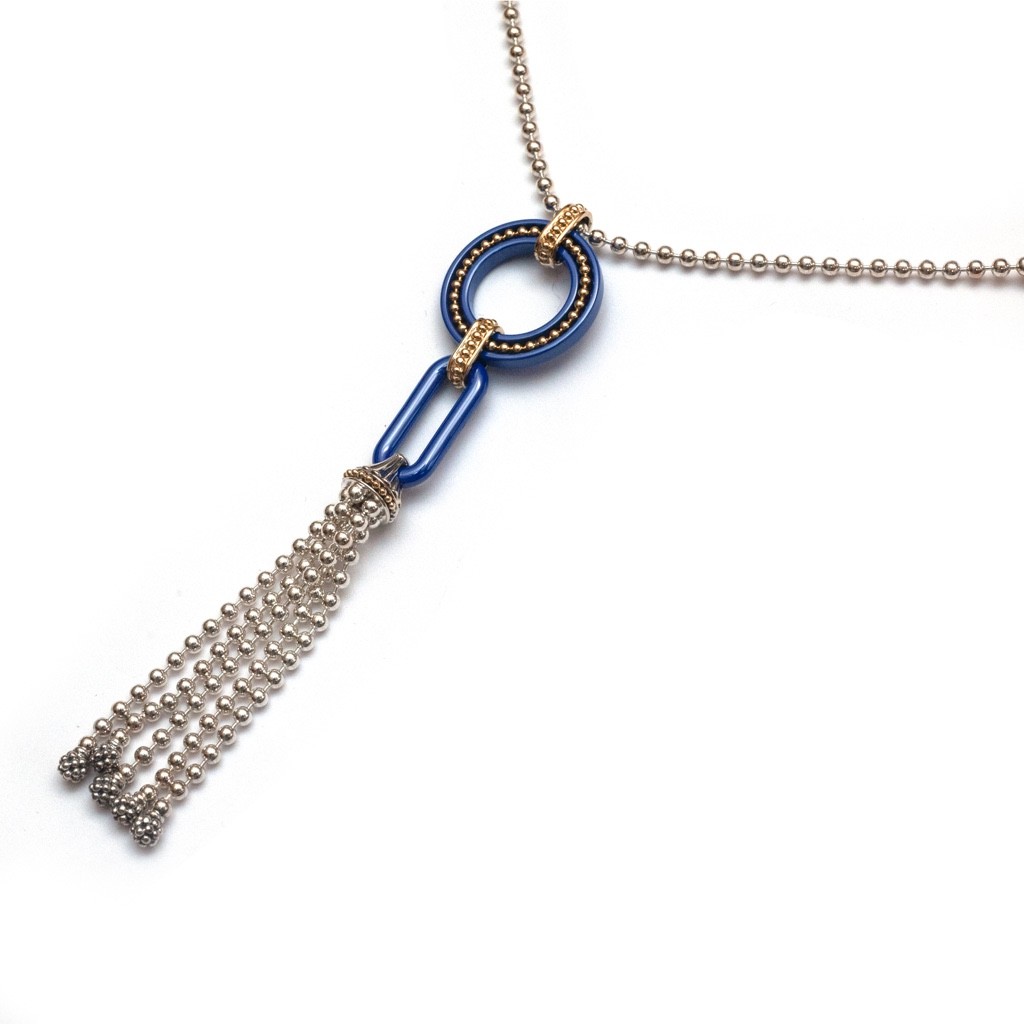 LAGOS Silver & 18K Gold Blue Caviar Marine Ceramic Pendant Tassel 34″ Necklace