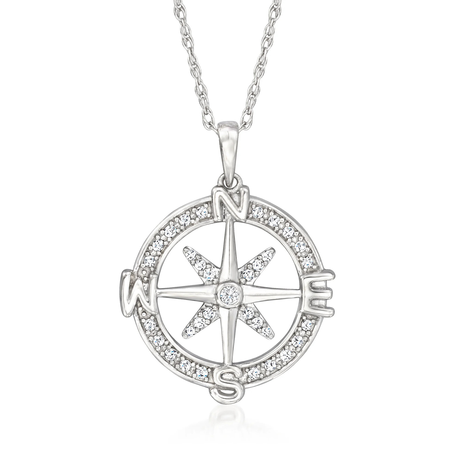 0.20 ct. t.w. Diamond Compass Pendant Necklace in Sterling Silver. 18 inches