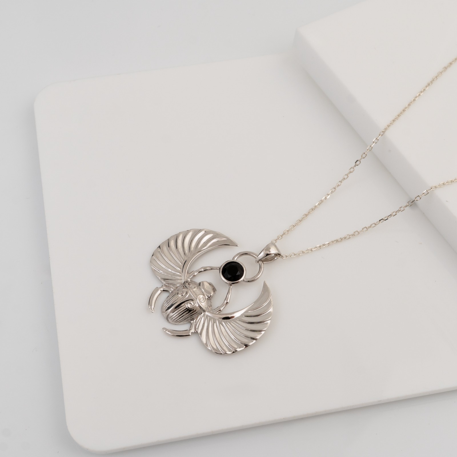 Scarab Necklace Sterling Silver Winged Scarab Black Onyx Egyptian Hallmarked