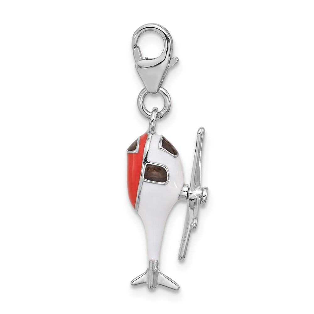 Sterling Silver 3-D Moveable White/Black and Orange Enameled Helicopter Pendant