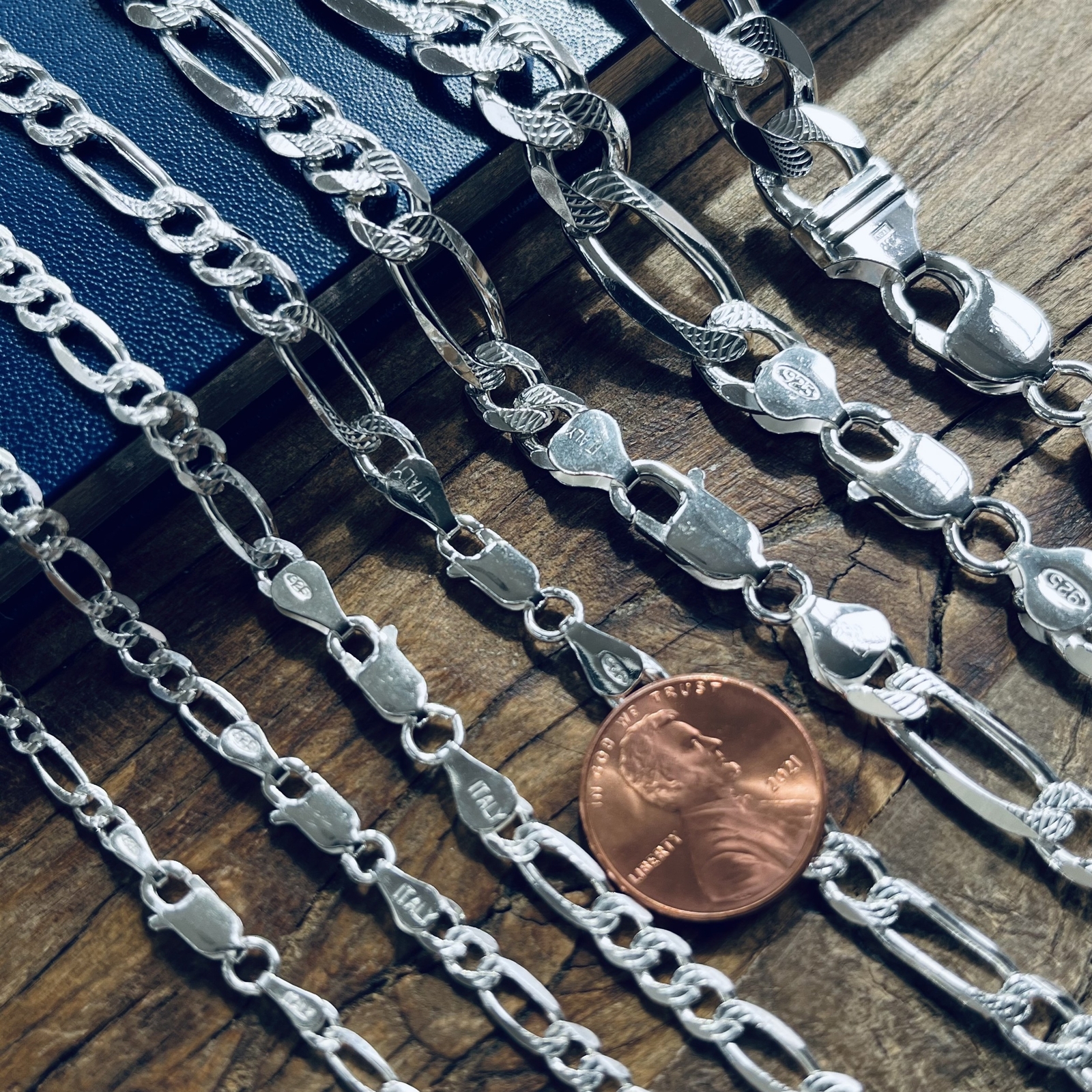 Real Sterling Silver Mens Diamond Cut Figaro Chain Necklace 925 Italy Stamp