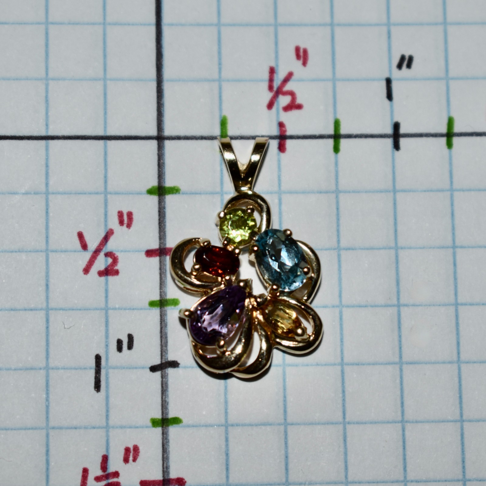 Multi Gemstone 14K Gold Pendant Garnet—Topaz—Citrine—Amethyst—Peridot 3.66 gm