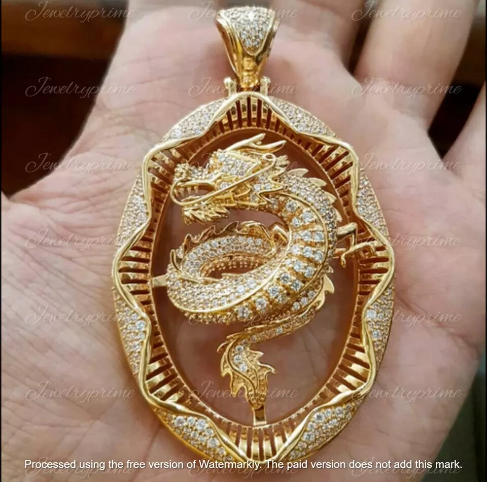 Diamond Lab-Created 2.50Ct Round Dragon Pendant 14K Yellow Gold Plated Silver
