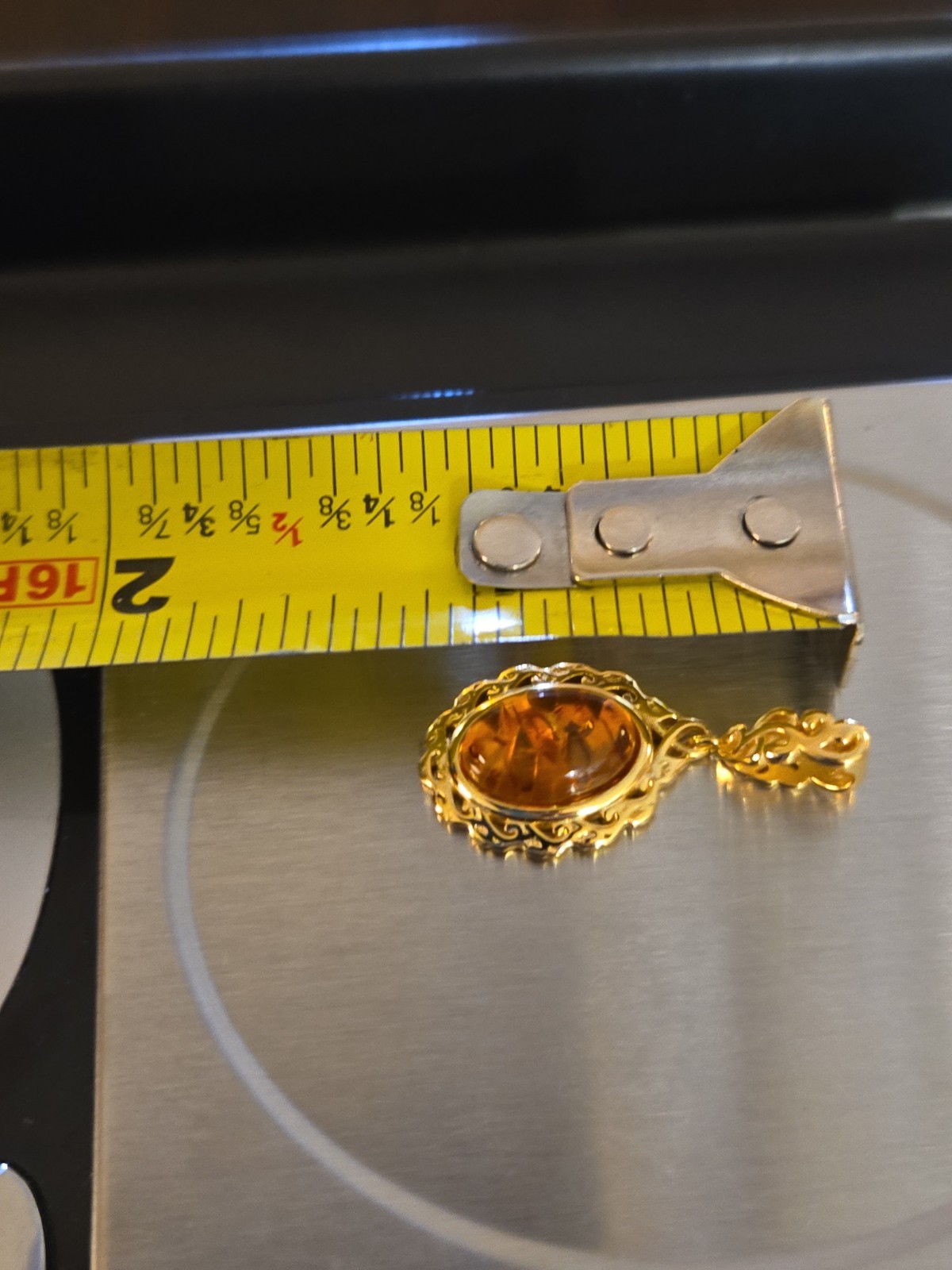 Baltic Amber Stone Pendant Open Scrollwork Vermeil ( Stamp 925) Signed 3.4 Grams