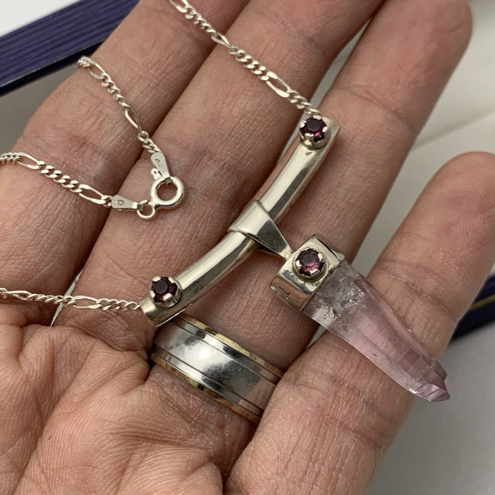 Sterling Silver Amethyst Point Pendant W/ Accent Garnet Necklace