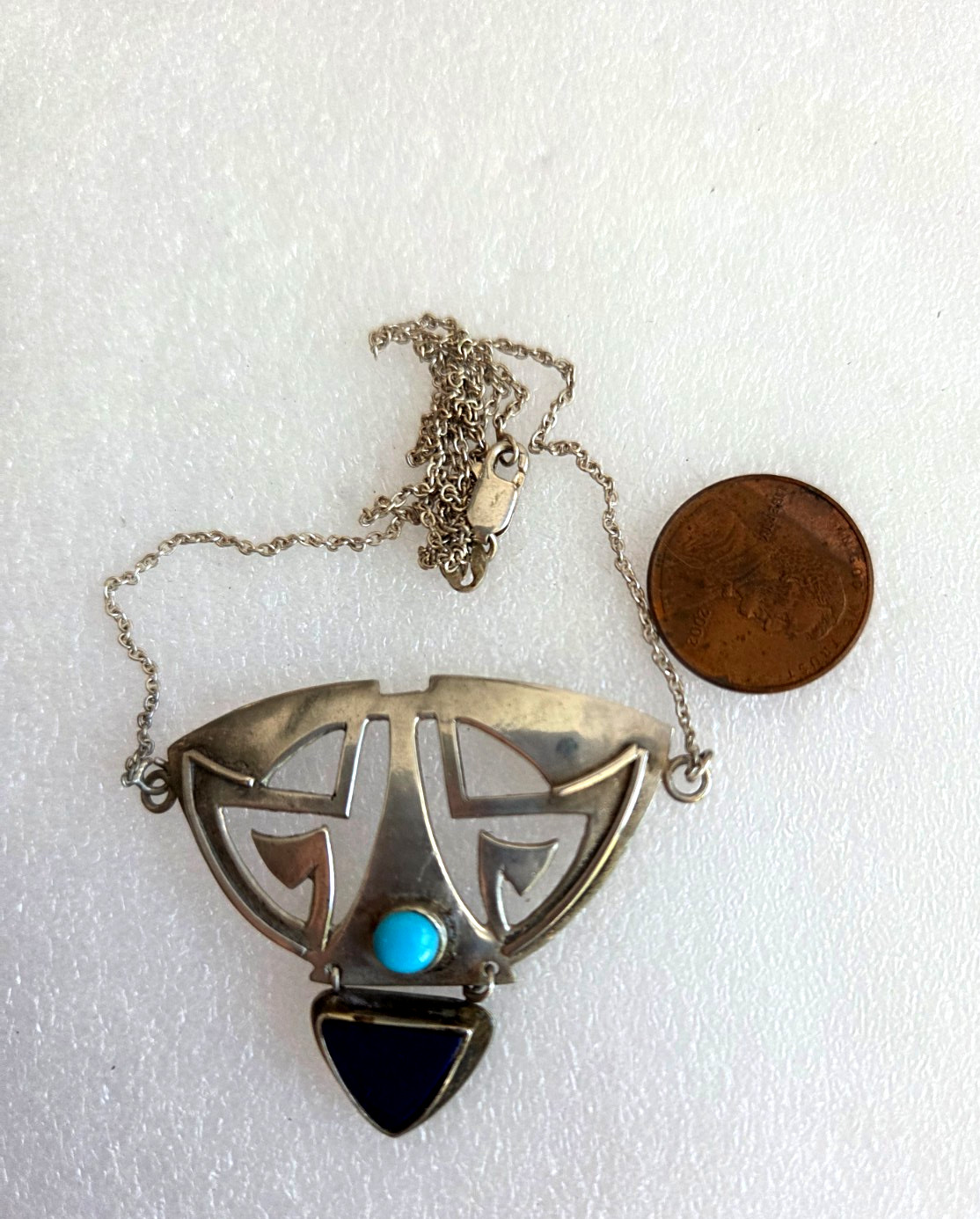 Deco Inspired Sterling Sierling Lapis & Blue Turquoise Station 18″ Vtg Necklace