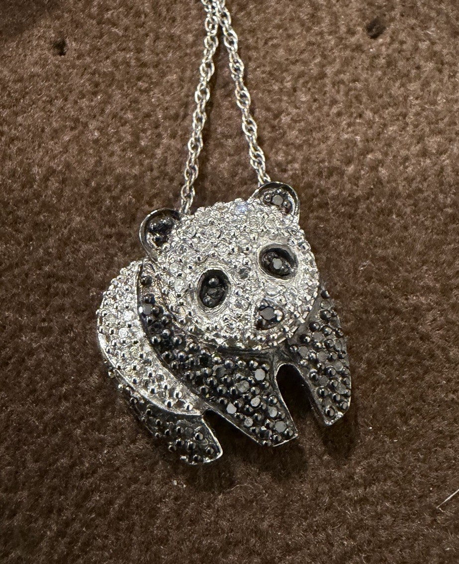 HN/Jared Sterling Silver Panda Charm Pendant Necklace w/ Black & White Diamonds