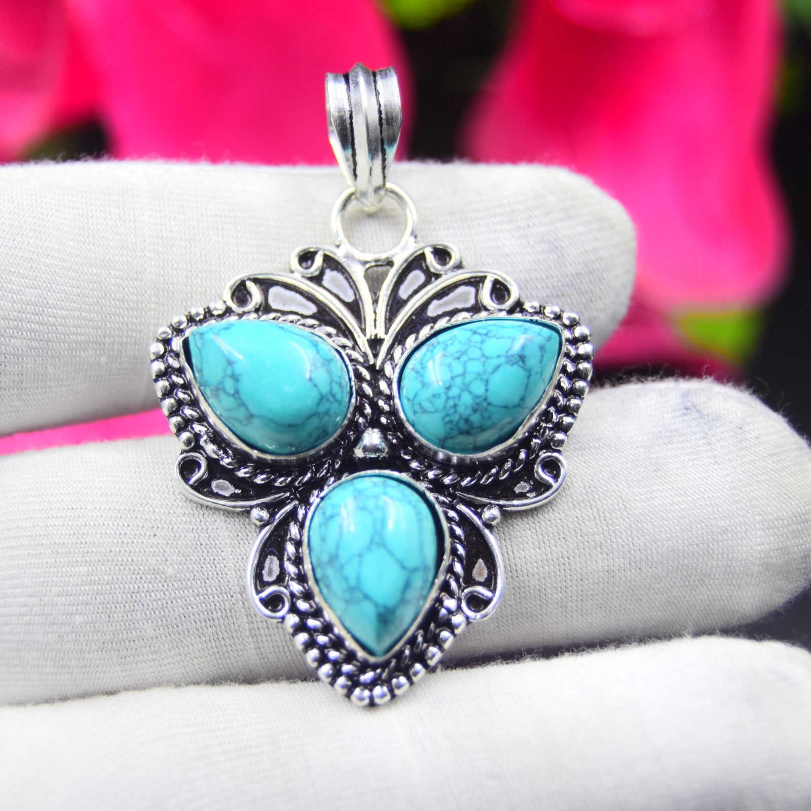 Blue Turquoise Gemstone Handmade 925 Sterling Silver Jewelry Pendant Sz-2.25″