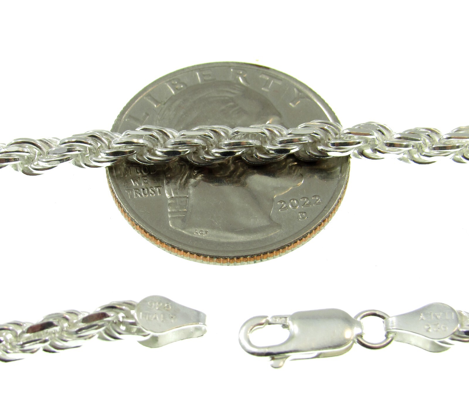 4MM Solid 925 Sterling Silver DIAMOND CUT ROPE CHAIN Bracelet or Necklace Italy