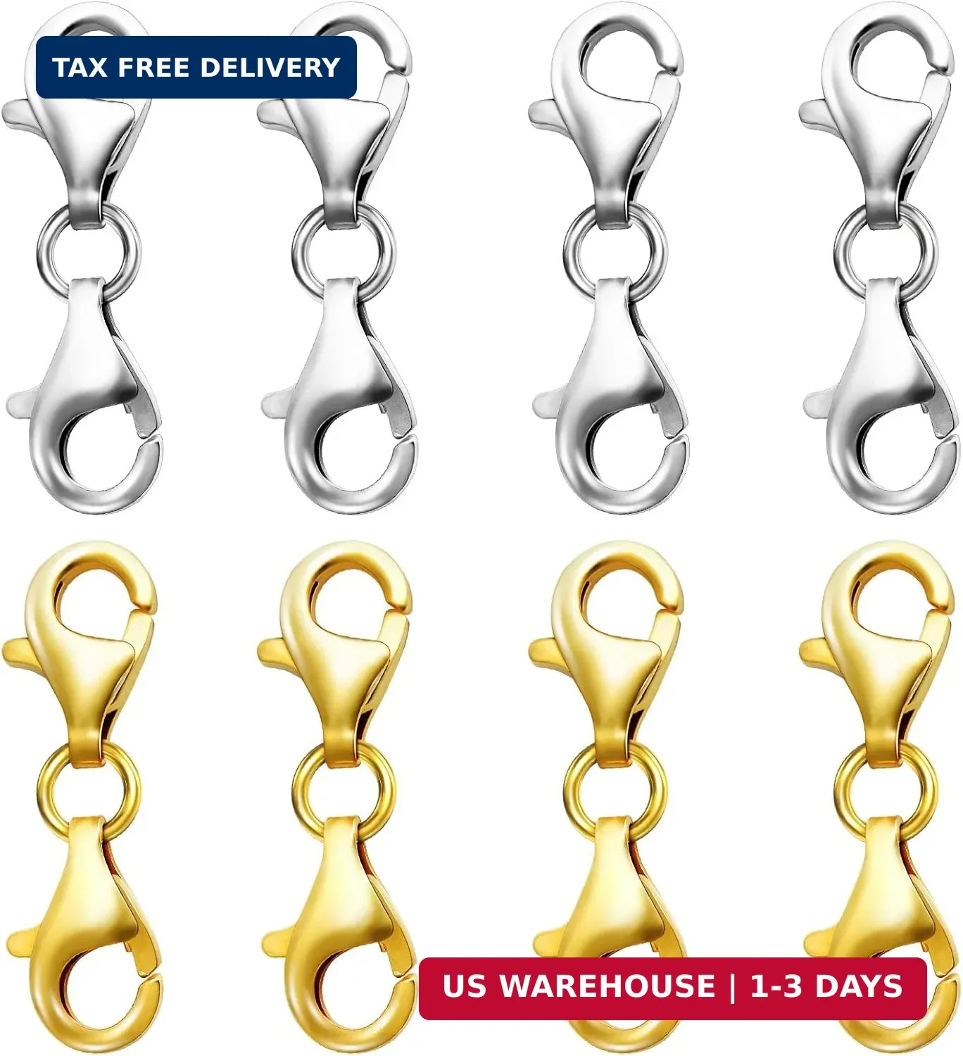 OHINGLT Double Lobster Claw Clasps Necklace Extender Silver and Gold, Double End