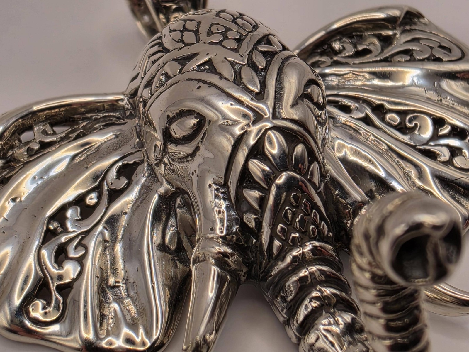 Sterling Silver Elephant Head Pendant Ornate Bali Scrollwork 1.5 Inch 9.9 Grams