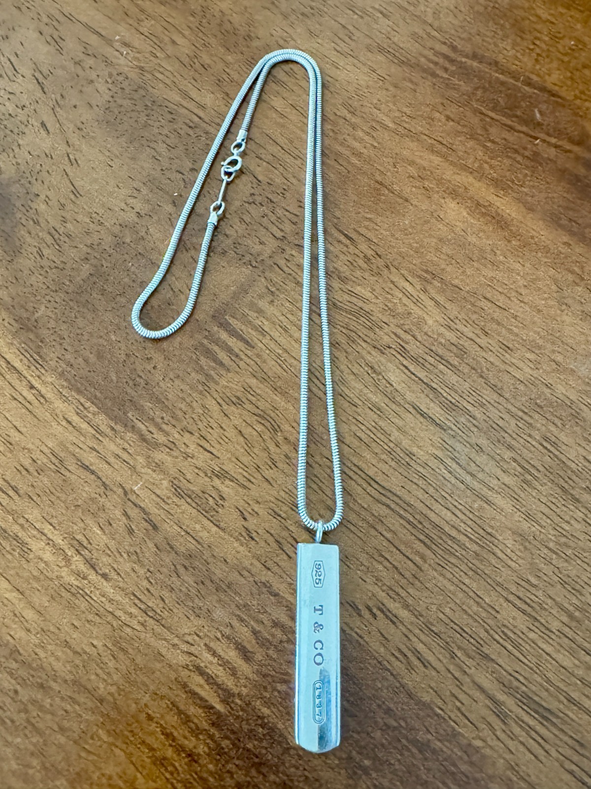Authentic Tiffany & Co 1837 Sterling Silver Bar Pendant Necklace 925 Snake Chain