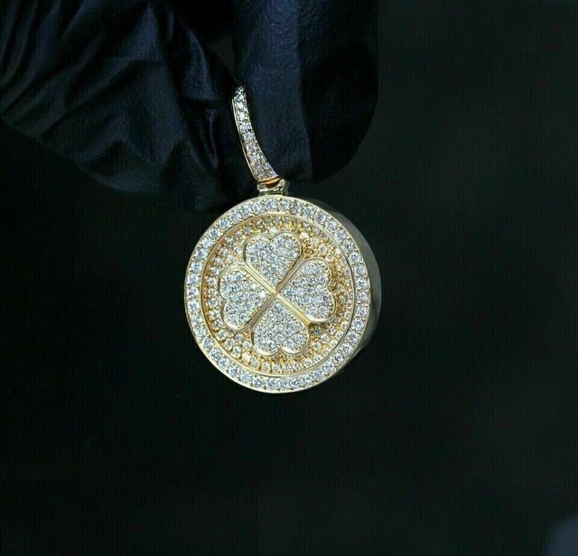 2Ct Round Cut Lab-Created Men’s 4 Leaflet Clover Pendant 14k Yellow Gold Plated