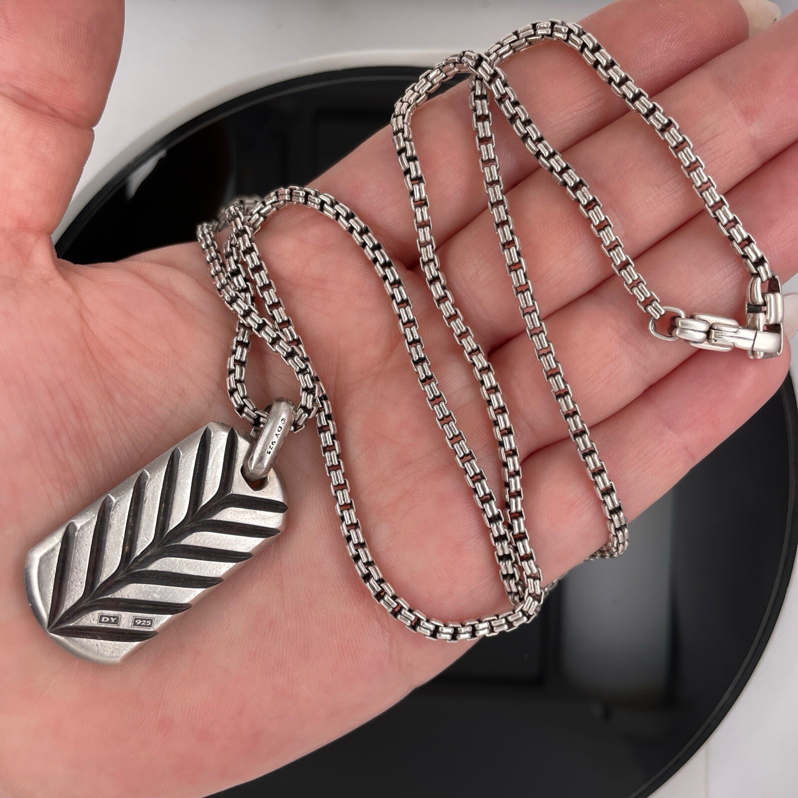 David Yurman Silver Diamonds & Garnets Chevron Tag Pendant Necklace $5000 Retail