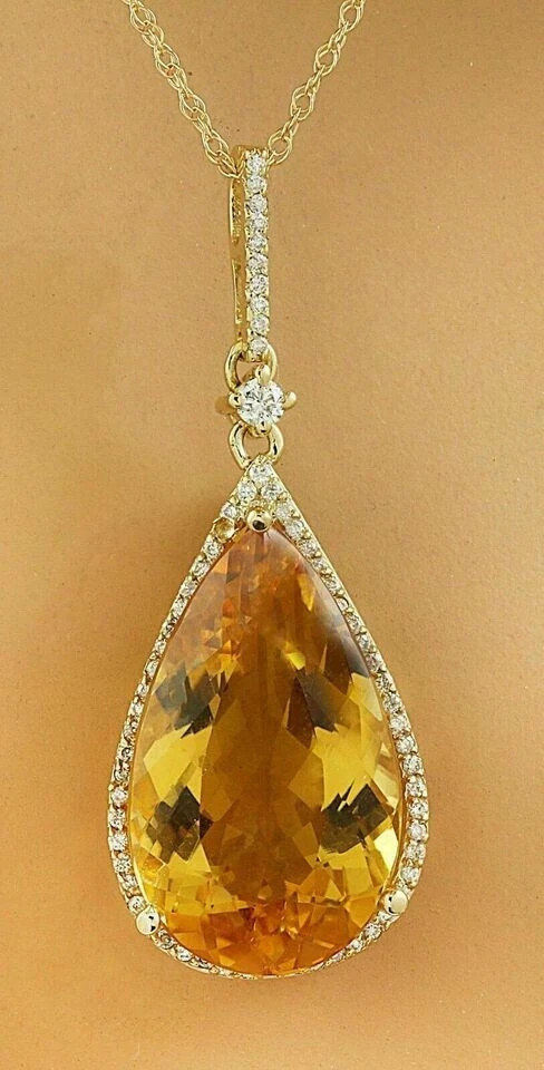 4Ct Pear Cut Yellow Citrine Halo Pendant 14K Yellow Gold Finish 18″ Free Chain
