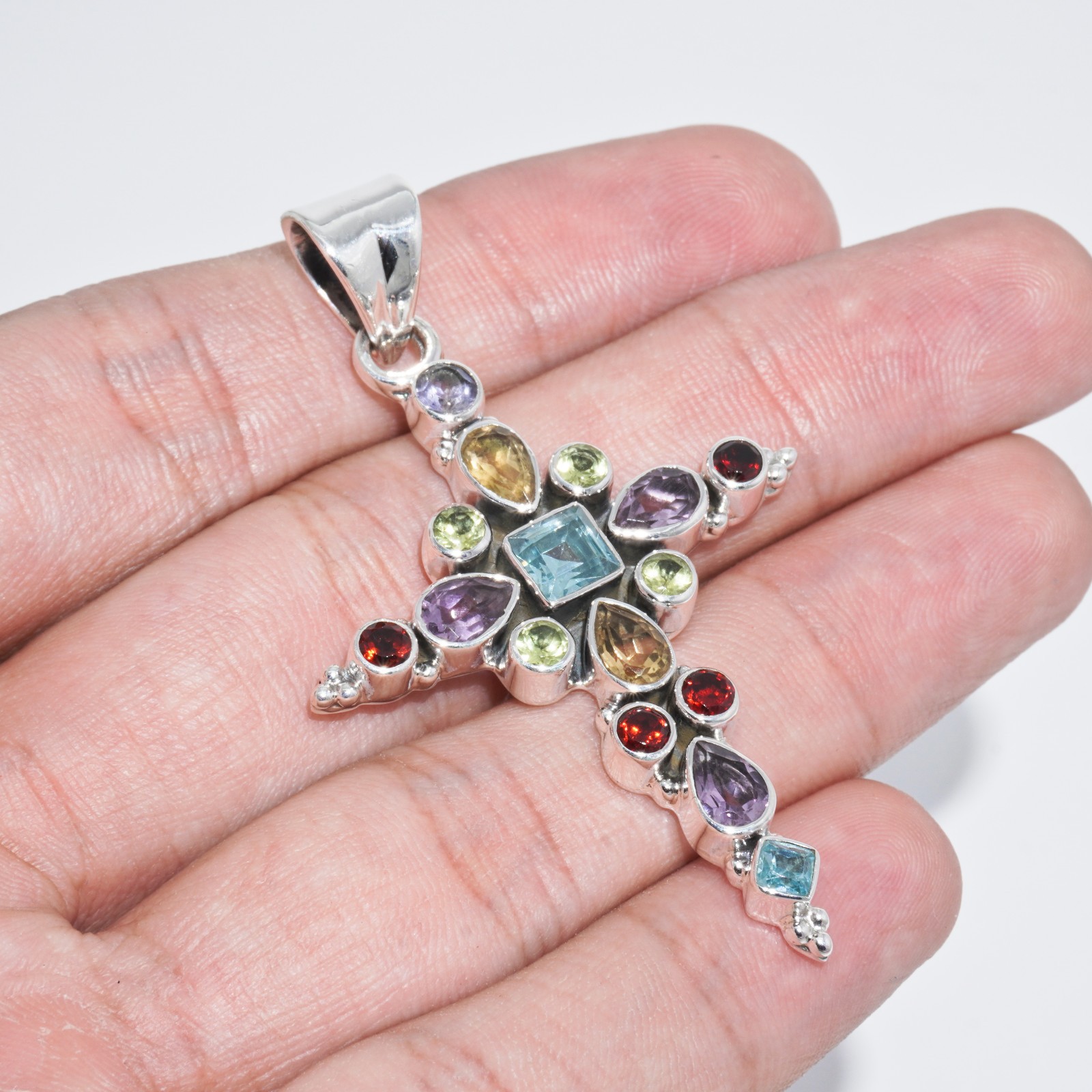 Genuine Multi Gemstone Cross Pendant Sterling Silver 925 Christian Jewelry Gift