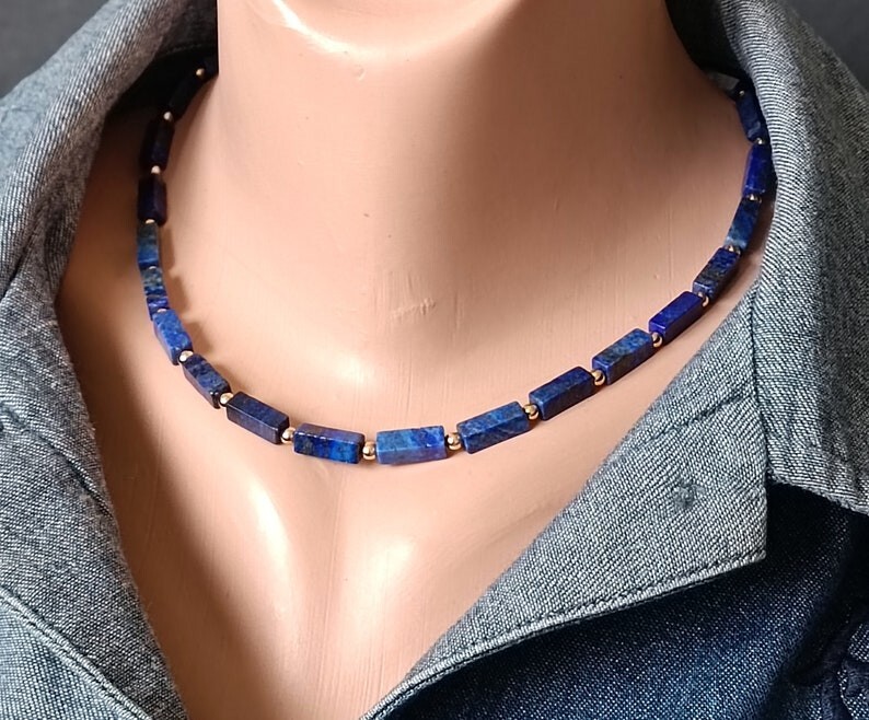 Natural Blue Lapis Lazuli Rectangle Shape Gemstone Bead 18″ Handmade Necklace