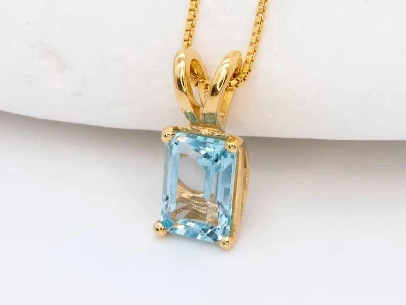 Emerald Lab Created Blue Topaz Women Pendent With Chain 14K Yellow Gold Plated