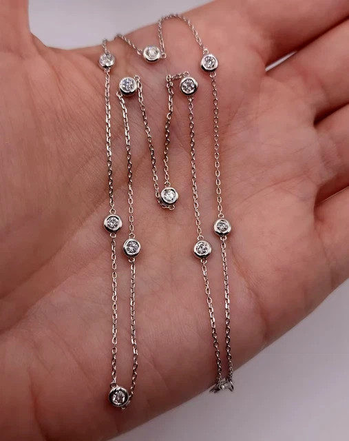4Ct Moissanite By The Yard Beautiful Love Station Necklace 14K White Gold Plated
