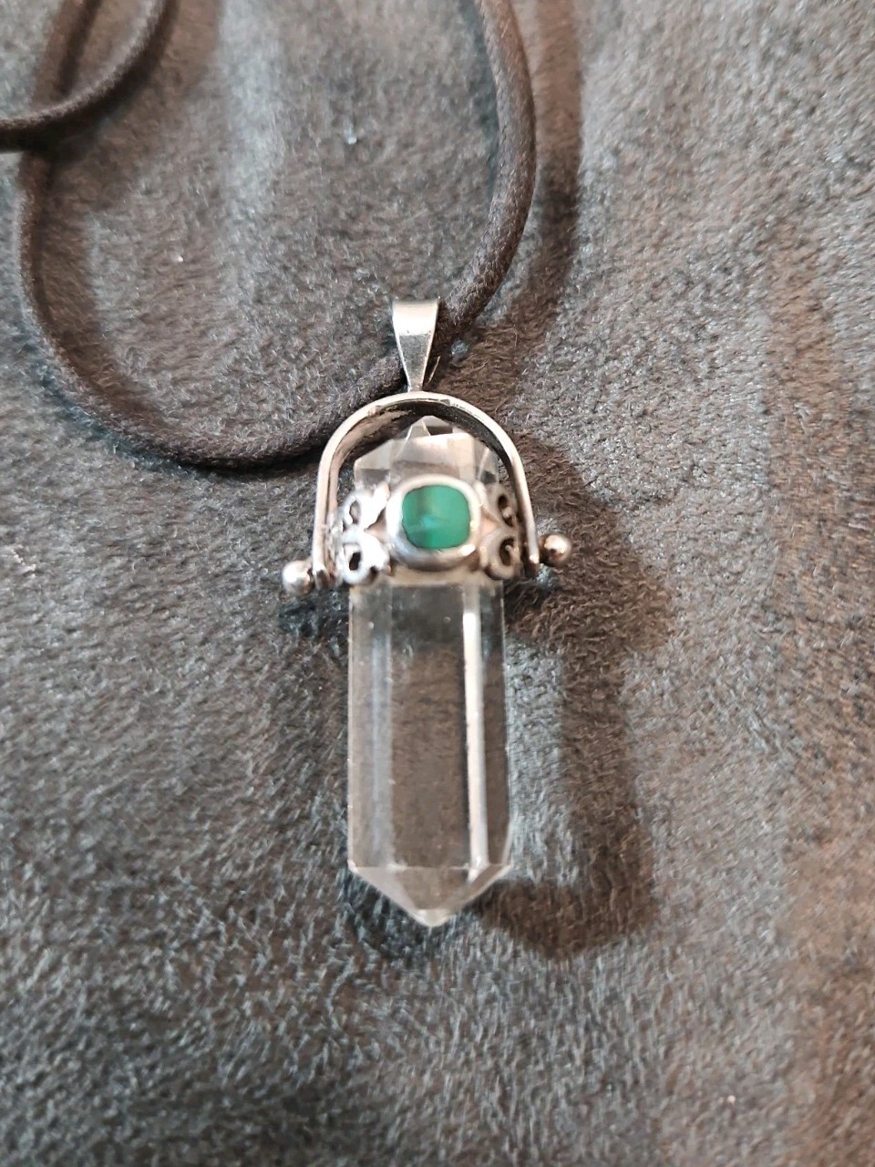 Quartz Point In Sterling Silver Healing Crystal Pendant Faceted Inset Malachite