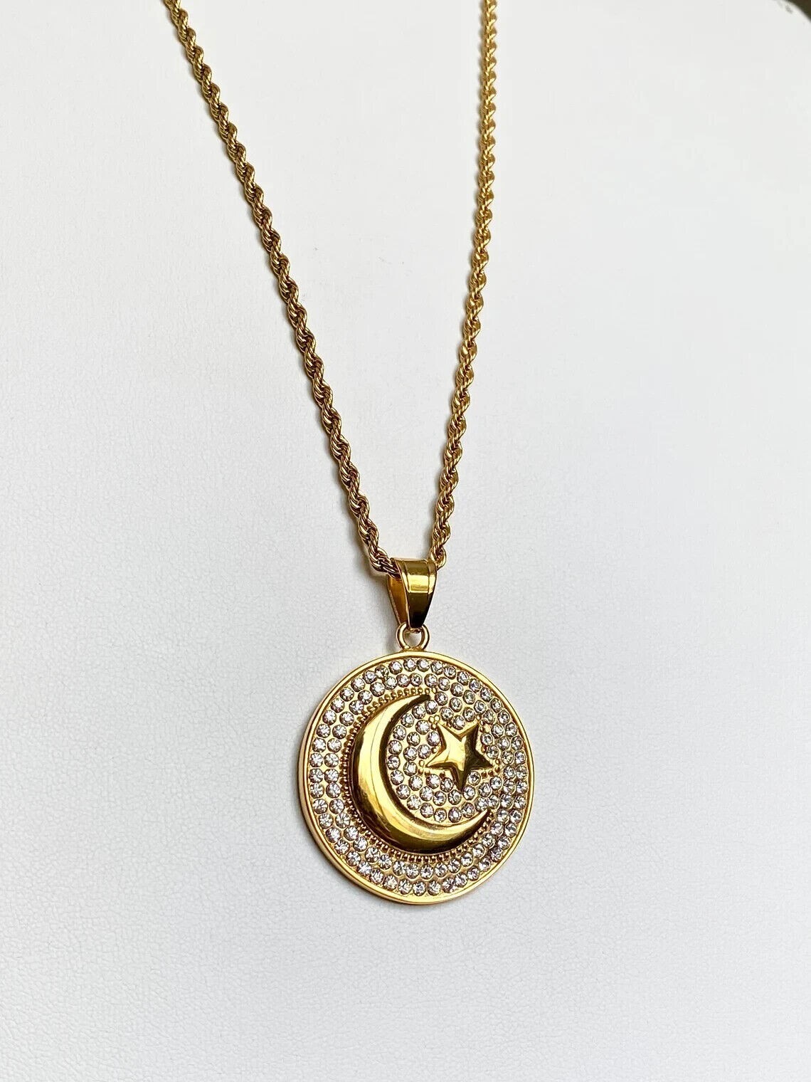 0.80Ct Lab Created Diamond Crescent Moon/Star Pendant 14K Yellow Gold Plated