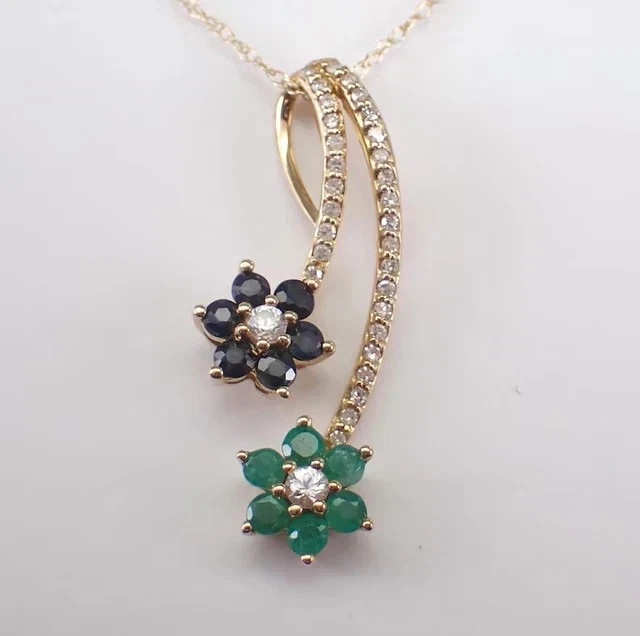 2Ct Round Cut Emerald & Sapphire Flower Pendant 14K Yellow Gold Plated Silver