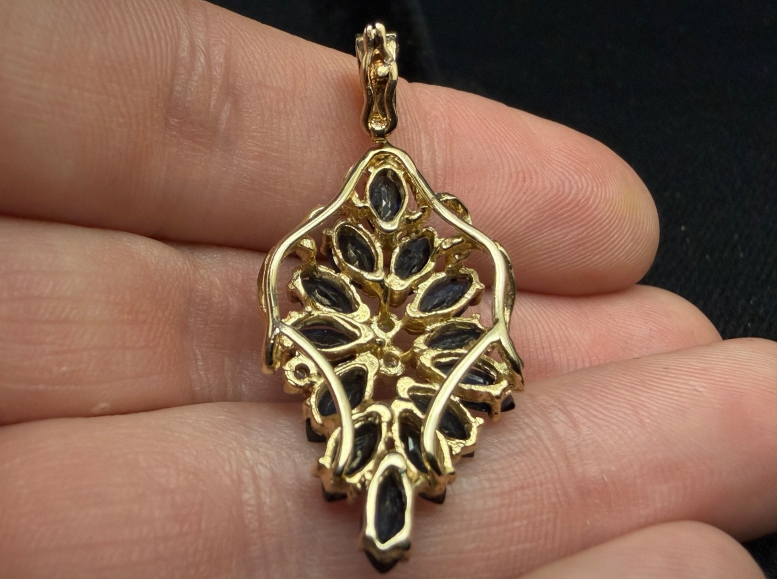 14K 585 Solid Yellow Gold Marquise Blue Sapphire & Diamond Pendant 5.28g