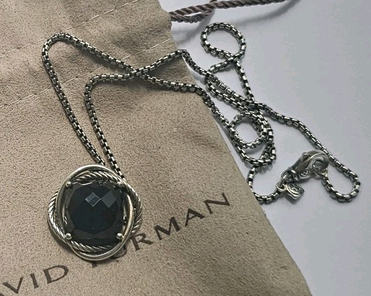 David Yurman 14mm Chatelaine Black Onyx Cushion Pendant Necklace Silver 925
