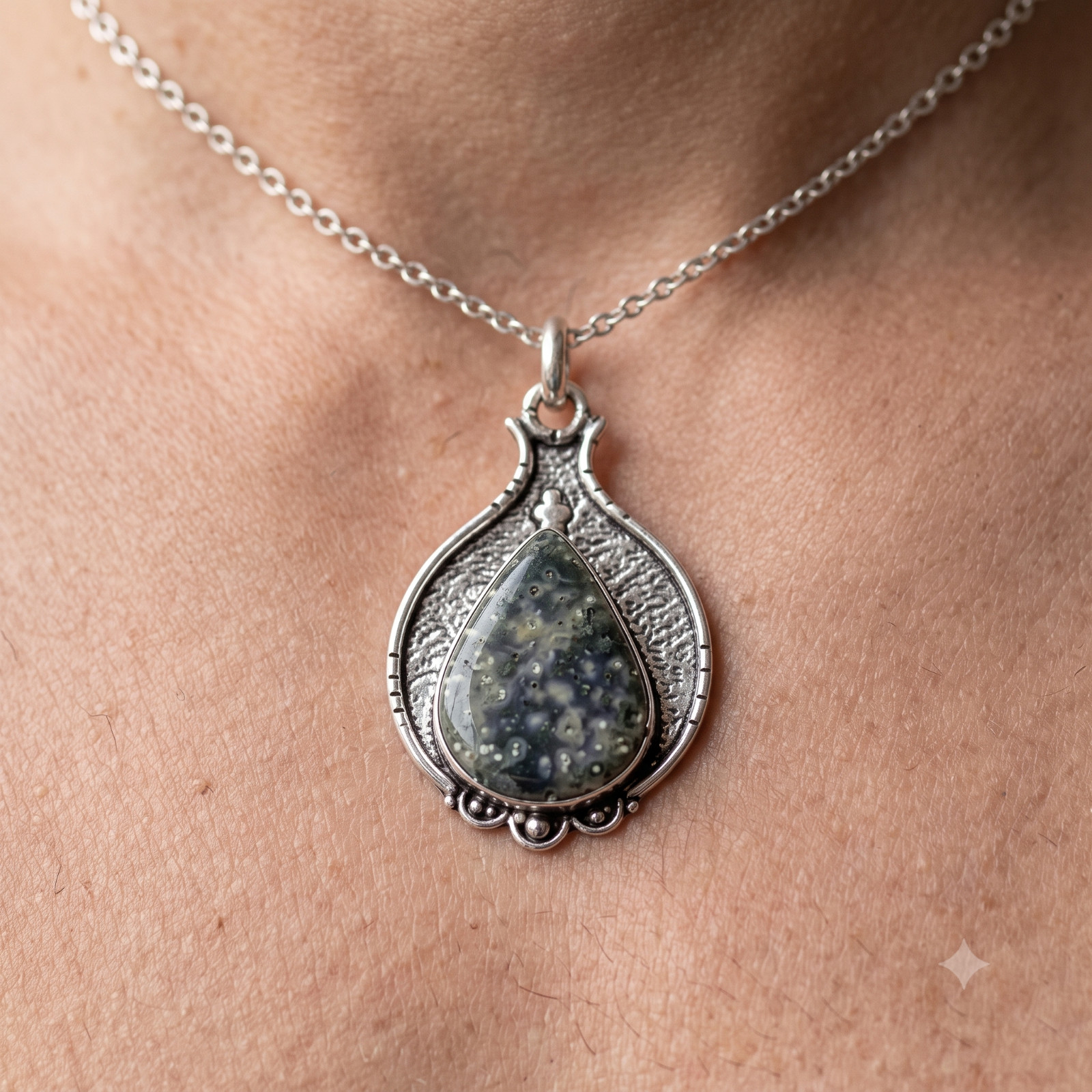 Pear Natural Ocean Jasper Channel Set Wedding Trendy Pendant Jewelry 925 Silver