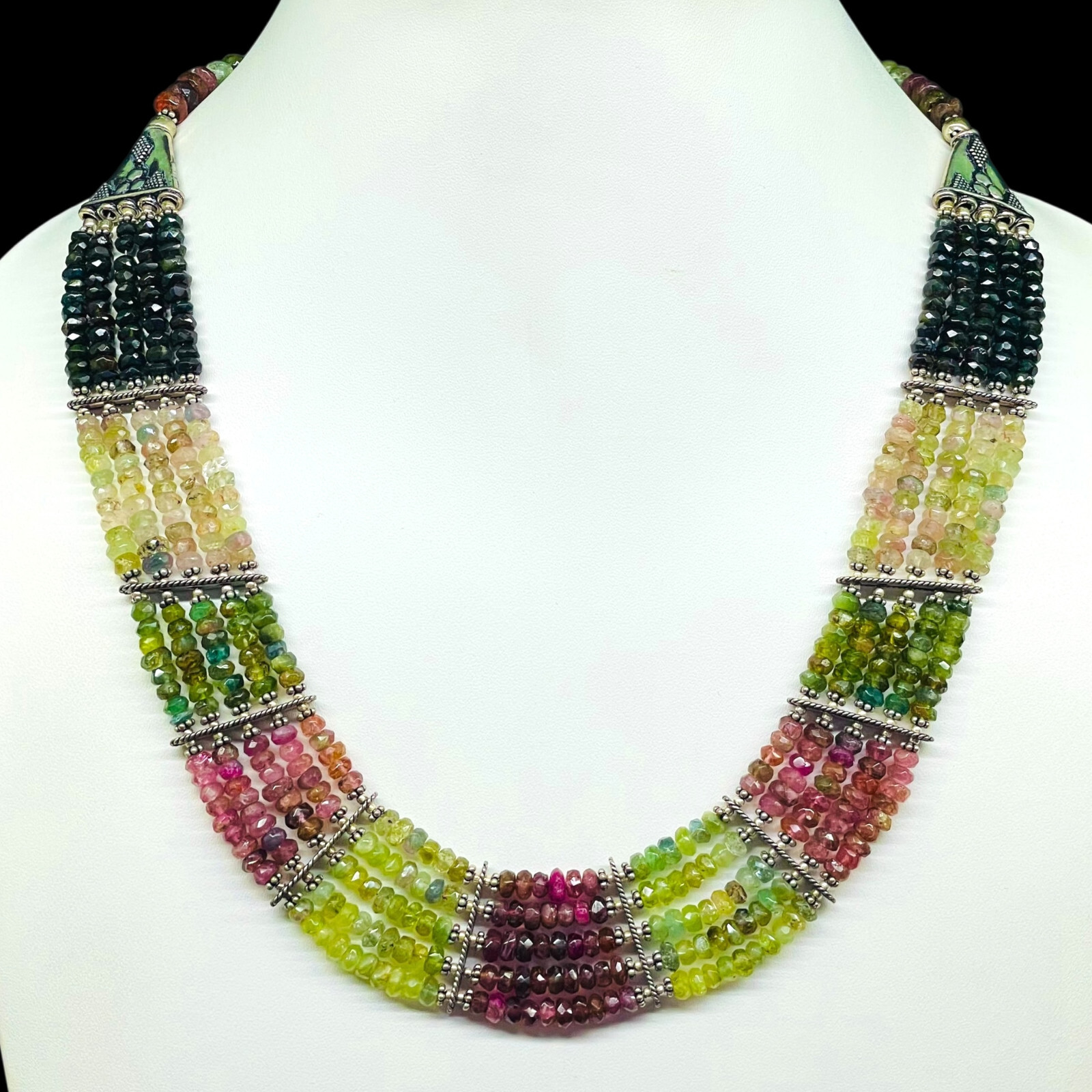 5 Strand Natural Multi Tourmaline Necklace 4-5mm Facetted Beads 925 Silver Clasp