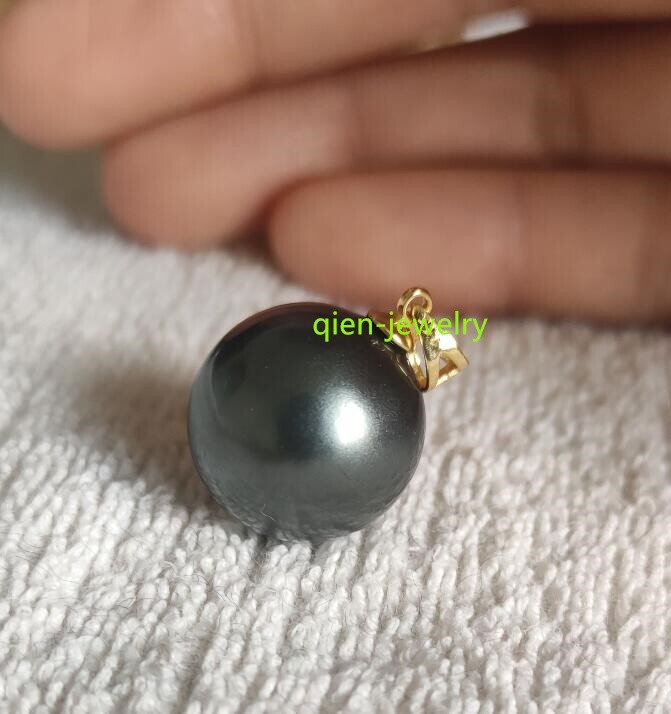 Huge AAAA16mm Perfect Round black south sea Shell Pearl Pendant 14k gold